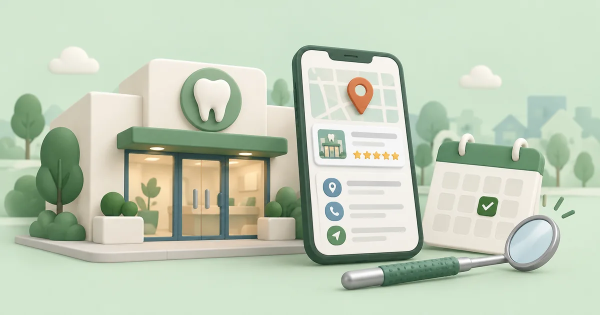 A dental clinic, tooth and mirror beside a local search result and appointment calendar.