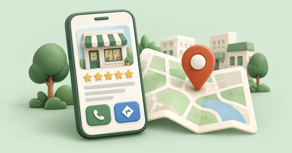 A local business profile with review stars, call and directions icons beside a map pin.