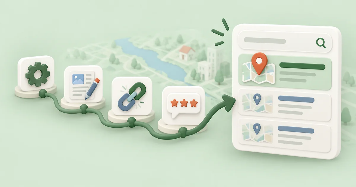 Technical, content, link and review icons leading to a highlighted local search result.