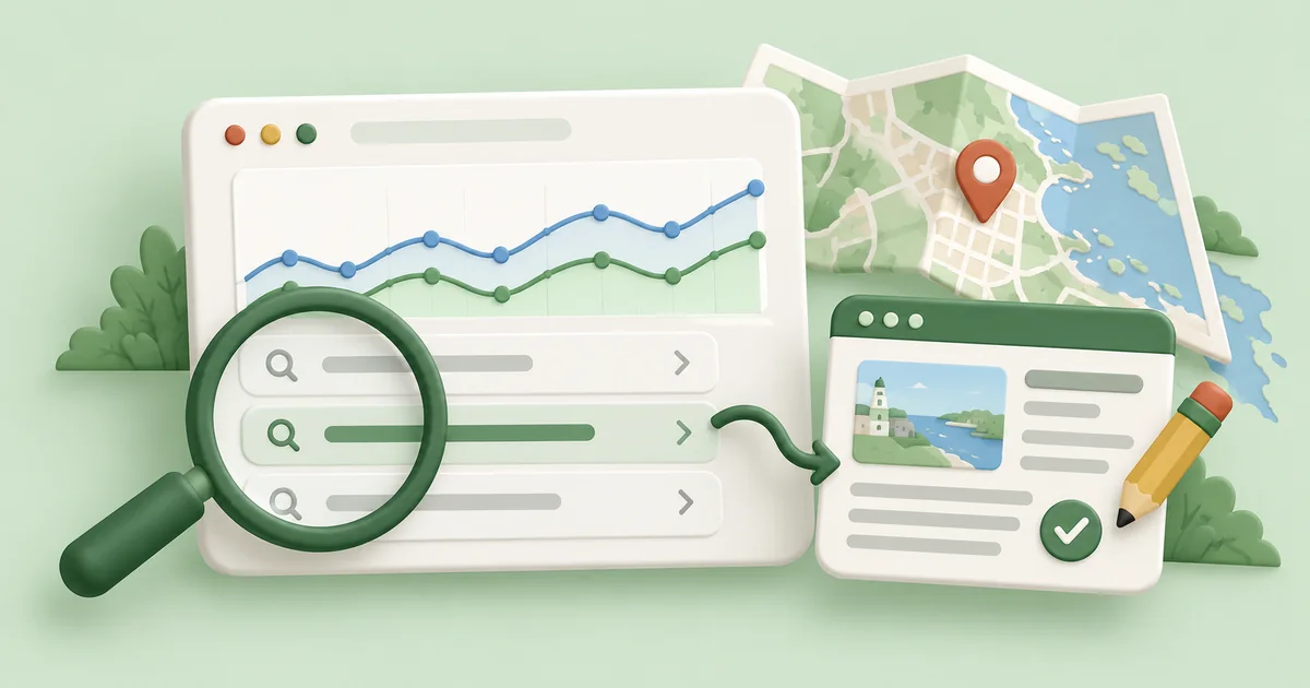 A magnifying glass highlights a search query on a performance dashboard, leading to a webpage improvement.