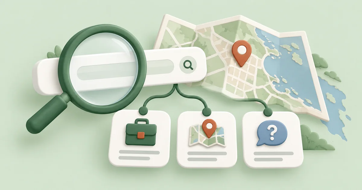 A magnifying glass connects service, neighbourhood and question-based keyword ideas.