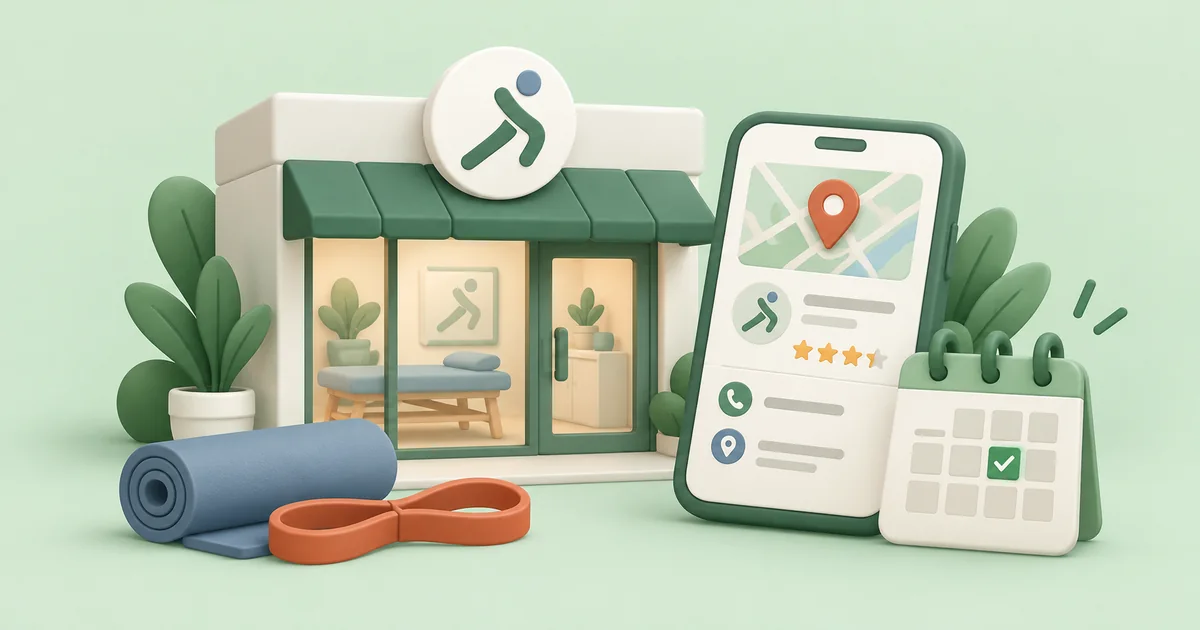 A physiotherapy clinic and exercise equipment beside a local profile and booking calendar.