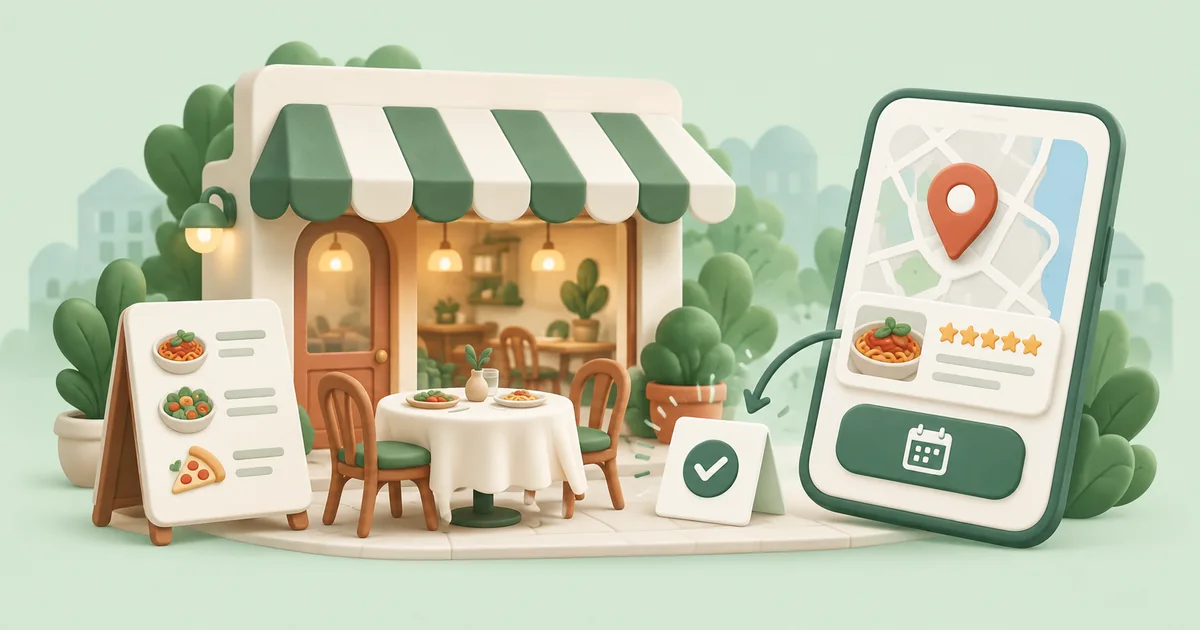 A restaurant and menu beside a map result with review stars and a reservation checkmark.