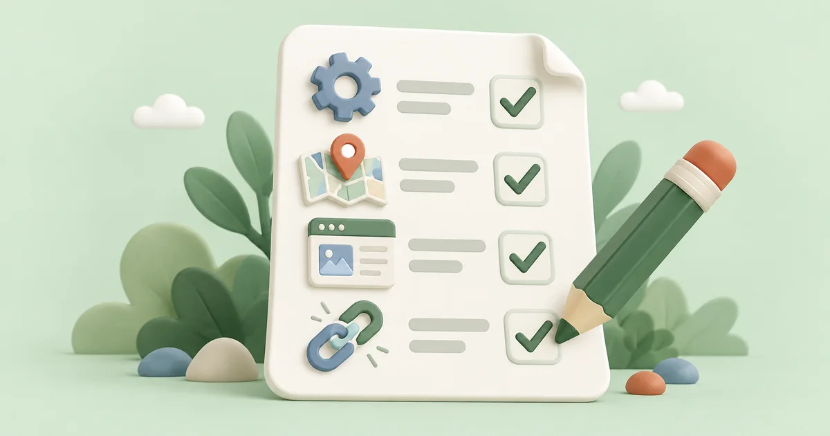 An SEO checklist with check marks, a website gear, map pin, content card and links.