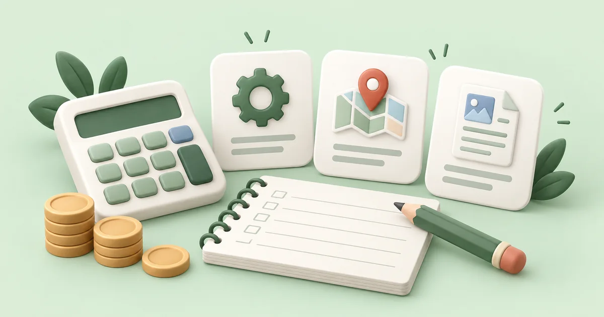 A calculator and budget sheet beside service cards for technical, local and content SEO.