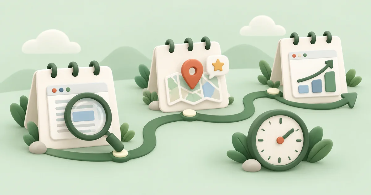 Three calendar milestones showing website improvements, local visibility and search progress over time.