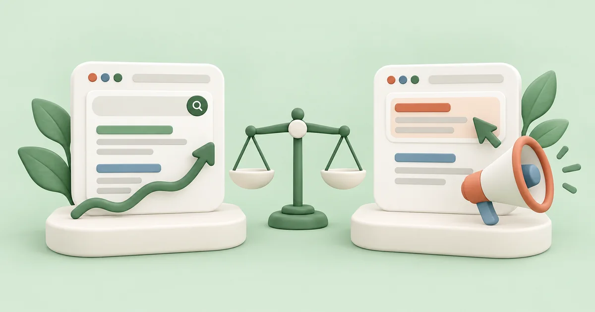 Organic search and paid search illustrated on two balanced comparison platforms.