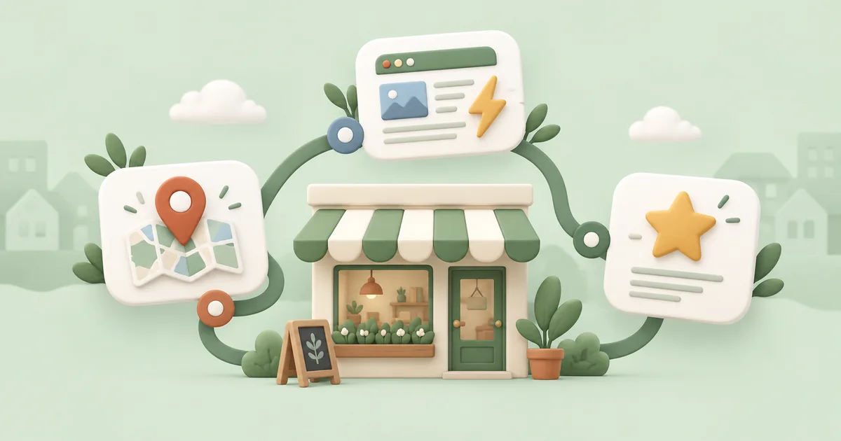A small shop surrounded by a map pin, website speed icon and customer review star.