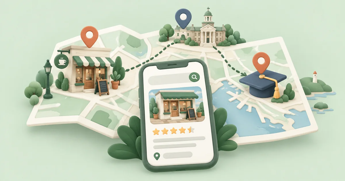 A campus building and café connected by map pins beside a local search result.