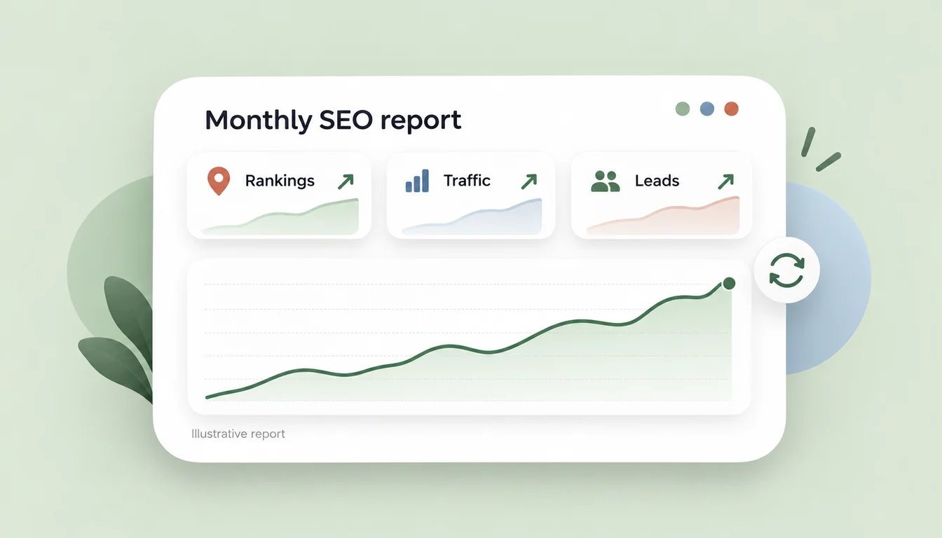 Illustrative monthly SEO report showing rankings, traffic, leads, and an upward traffic trend