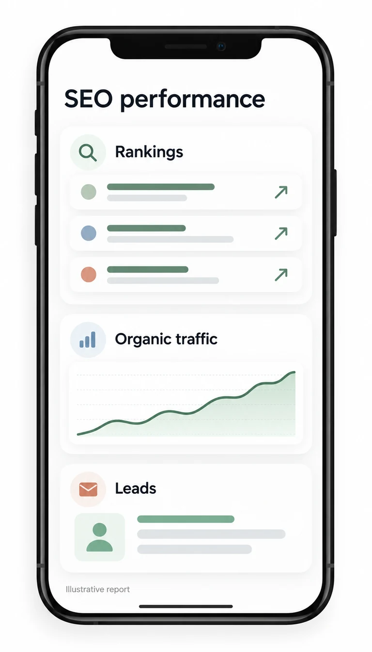 Illustrative SEO performance dashboard showing rankings, organic traffic, and leads