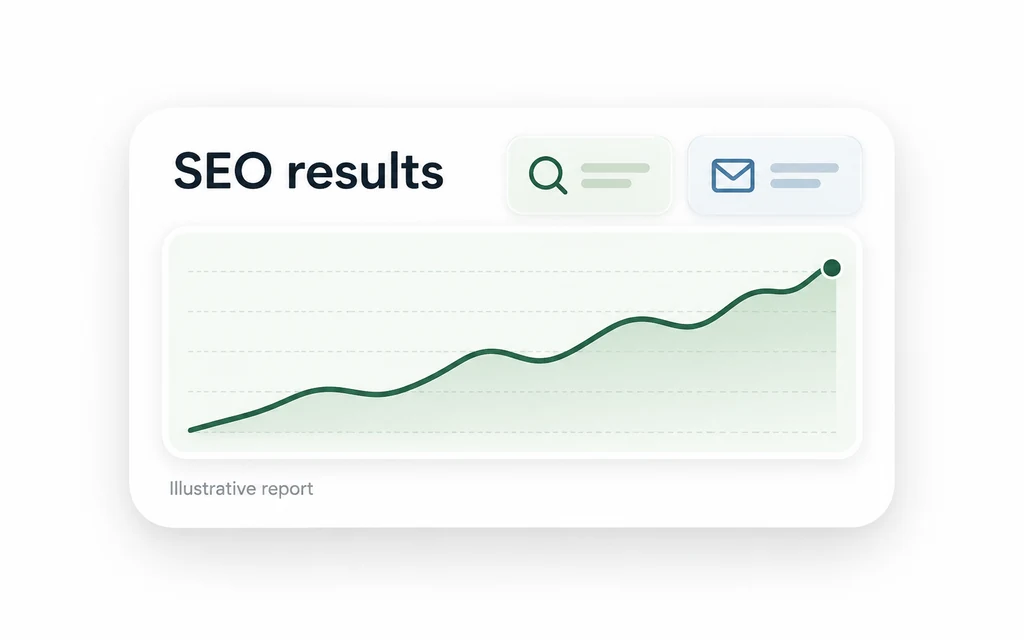 Illustrative monthly SEO results summary with an organic growth chart