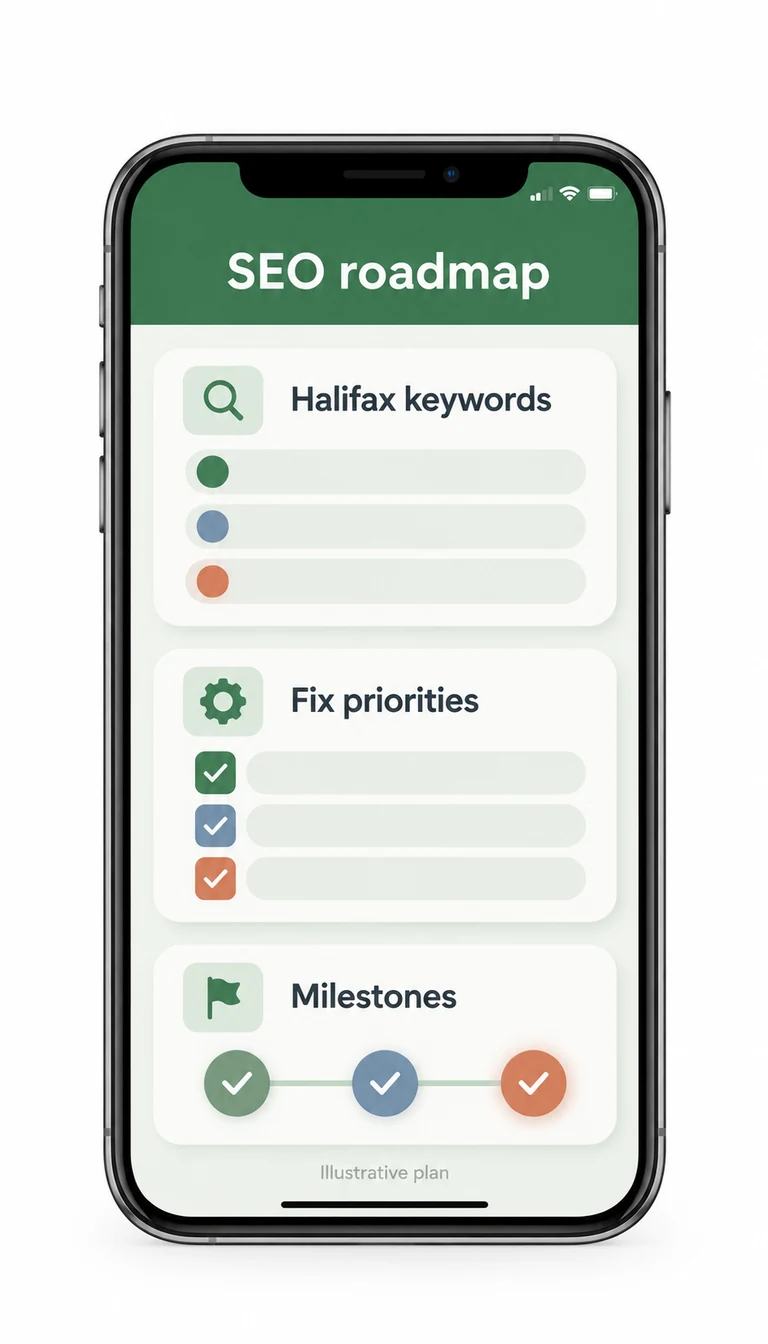 Illustrative Halifax SEO roadmap with keyword research, prioritized website fixes, and milestones