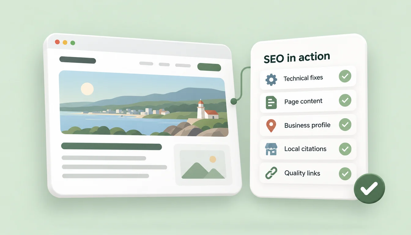 SEO implementation checklist for technical fixes, page content, business profile, local citations, and quality links