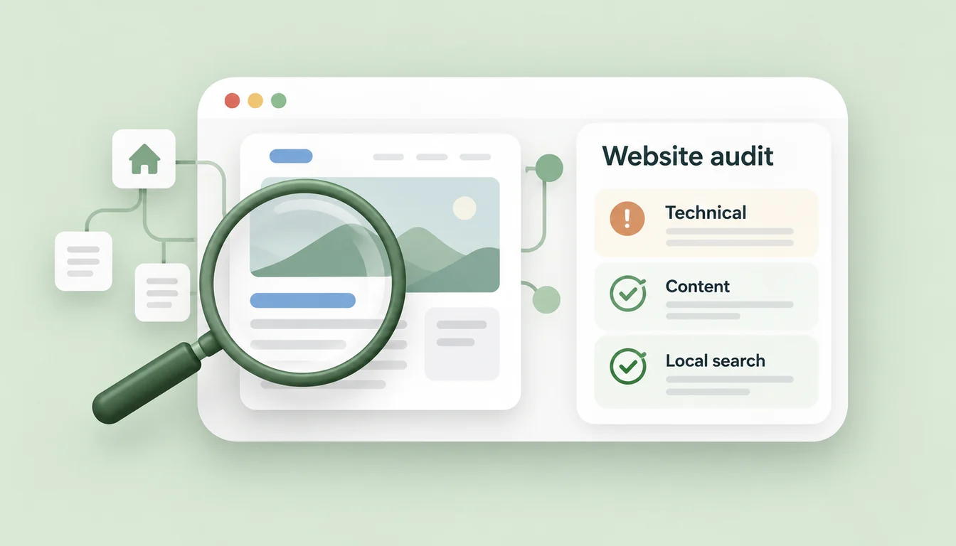 Website audit illustration with a magnifying glass and technical, content, and local search checks